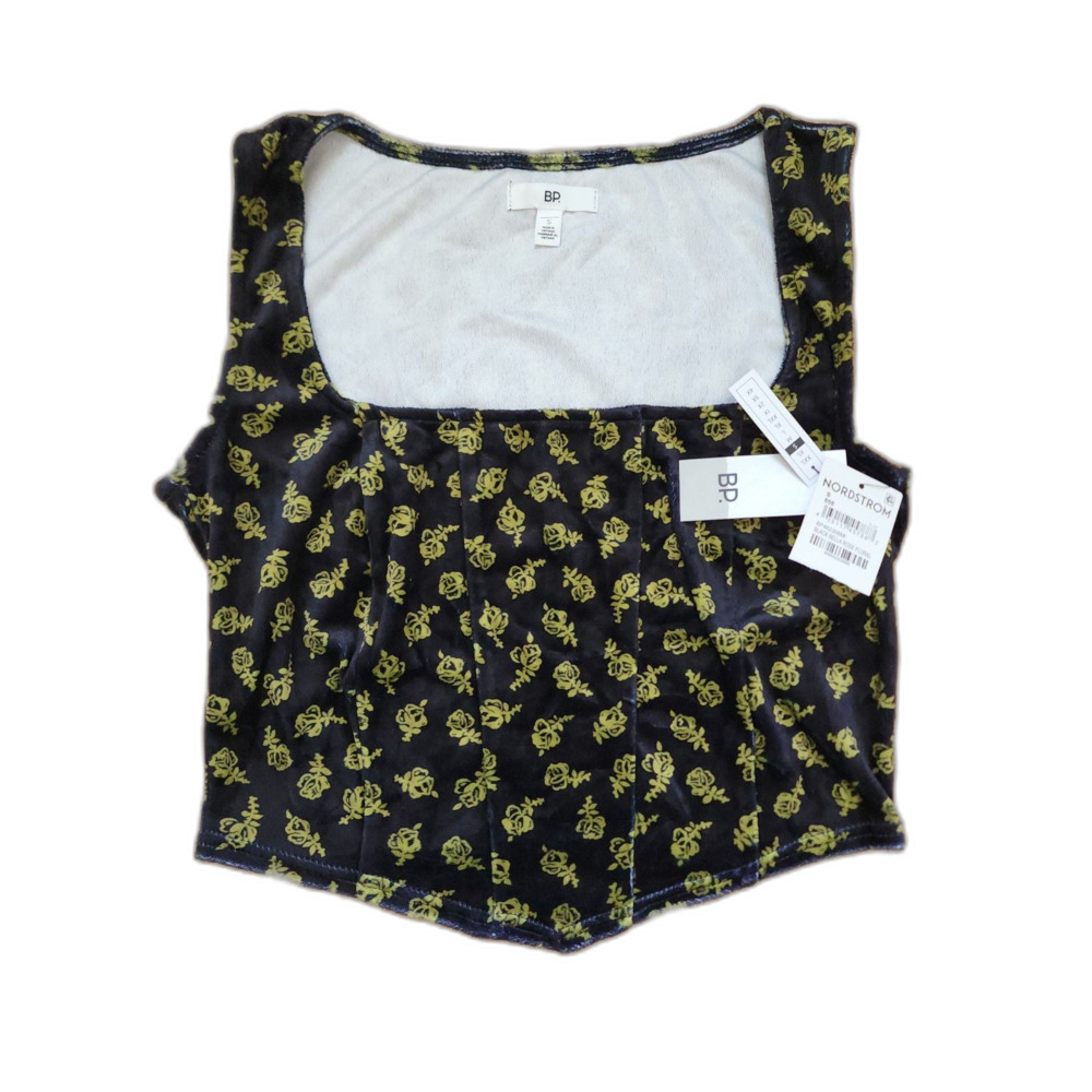 Bp. Corset Stretch Velvet Crop Tank Top In Black Bella Rose Floral